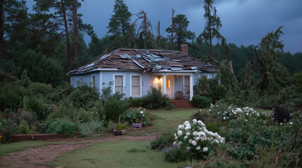 Storm-damaged house with a patchy rooftop, its broken shingles catching the faint twilight, surrounded by a still garden and a gloomy silence only broken by a porch lightâs dull hu
