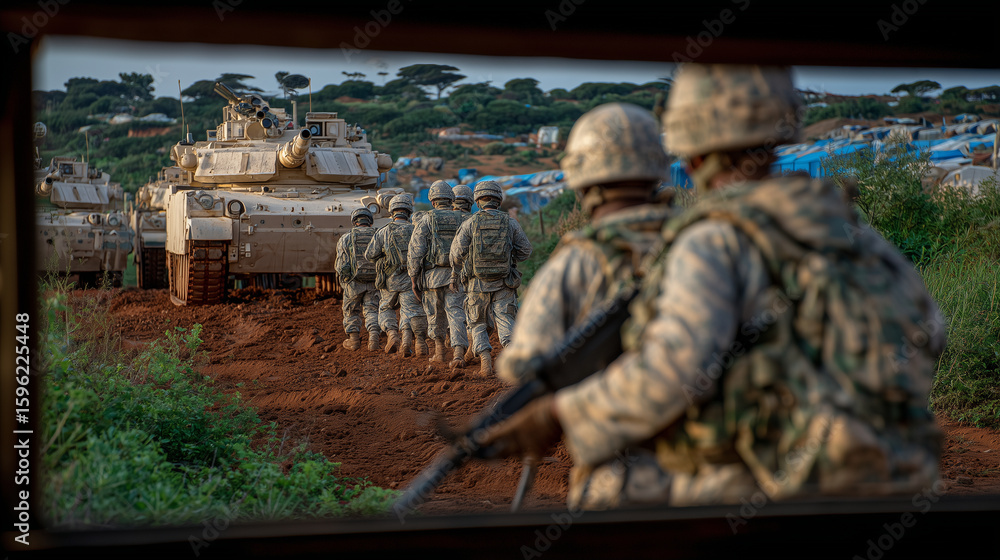 Poster peering out through a rifle rack inside a mobile command unit, soldiers march in formation across a 