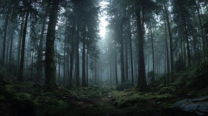 Obraz premium Misty Dark Forest Path with Tall Evergreen Trees and Mossy Ground