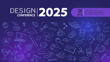 Technology or Design education Conference poster template on a dark blue background with glowing creative icons. Vector concept for a digital business event, innovation seminar, or web banner.