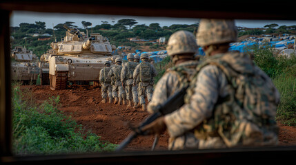 Fototapeta premium Peering out through a rifle rack inside a mobile command unit, soldiers march in formation across a red clay training field, tanks parked in the background.