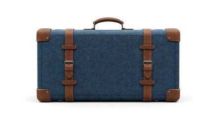 A blue suitcase with brown leather straps and handle is centered against a white background.