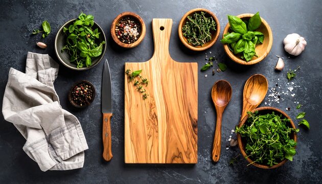 Overhead view of kitchen items including wooden cutting board bowls of herbs spices garlic and wooden utensils on dark surface
