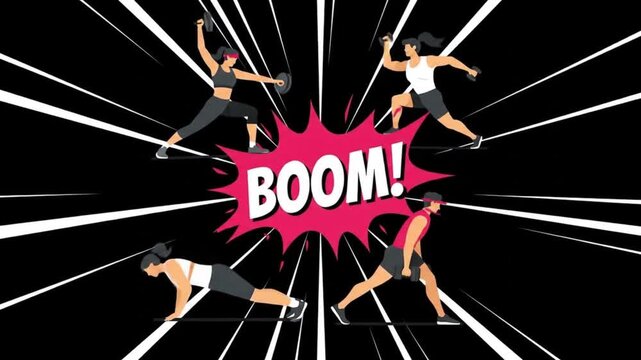 Dynamic comic-style illustration of four women performing an intense dumbbell workout.