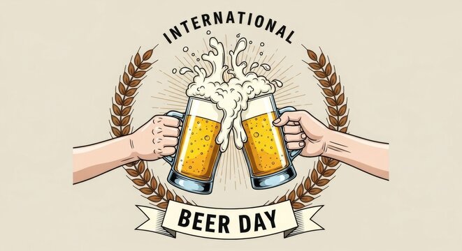 Illustration of two hands toasting beer mugs with overflowing foam for international beer day celebration - Powered by Adobe