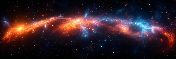 Fototapeta premium A panoramic view of a vibrant nebula with orange and blue hues against a backdrop of distant stars