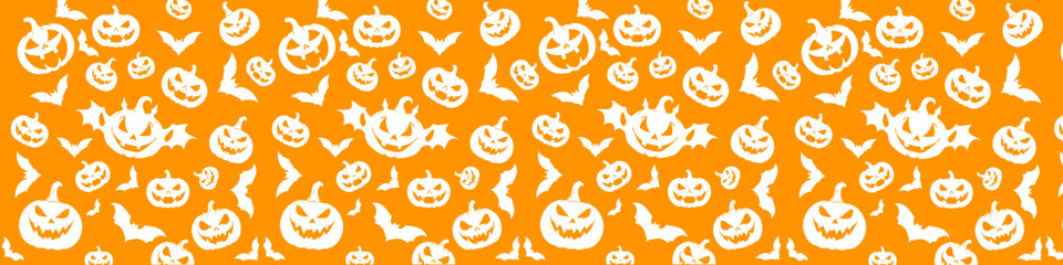 seamless halloween pattern with white pumpkins bats and spooky elements on orange background. vector