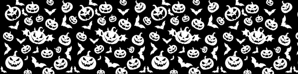 seamless white halloween pattern with spooky pumpkins and bats on black background. vector