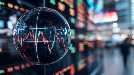 Stock Market Sphere: A reflective globe displays financial trends against a blurred trading floor backdrop, symbolizing global market analysis.