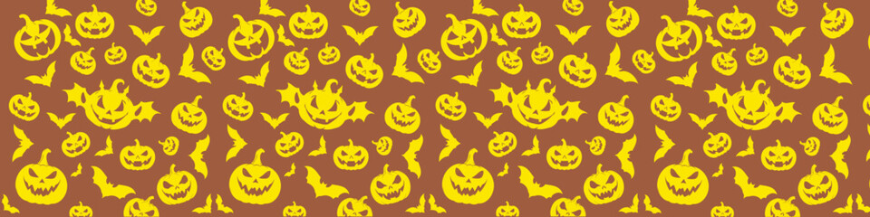 seamless yellow halloween pattern with pumpkins and bats on brown background. vector