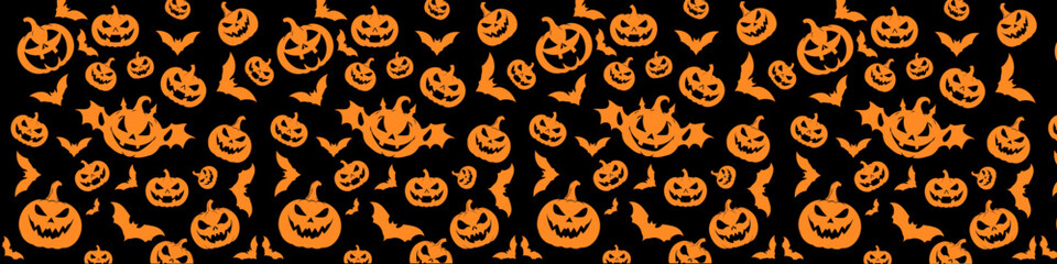 seamless orange halloween pattern with pumpkins bats and jack o lanterns on black background. vector
