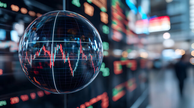 Stock Market Sphere: A reflective globe displays financial trends against a blurred trading floor backdrop, symbolizing global market analysis. - Powered by Adobe