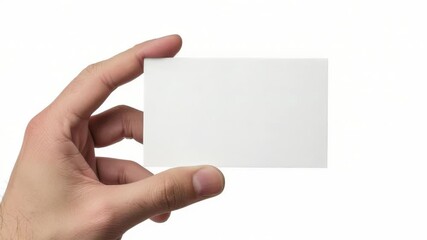 A person's hand holds a blank business card on a white background, ideal for representing professionalism and organization