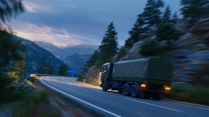 A green military logistics truck drives through a remote mountainous highway at twilight, its taillights glowing faintly against the fading light and empty road ahead.