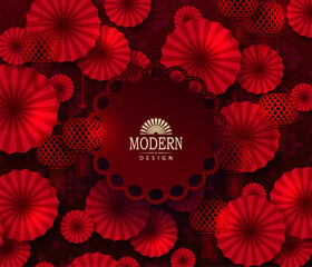 Chinese New Year. Exquisite textured background with red pattern and round figured frame.