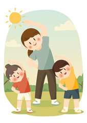 親子で楽しく朝体操、Family Stretching Exercise