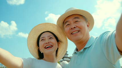 Elderly Asian couple enjoys their travels while taking selfies against a clear blue sky
