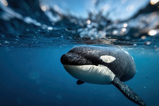 Orque majestueuse nageant sous la surface dans les eaux bleues
