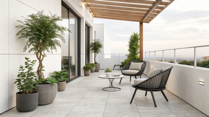 Fototapeta premium Minimalist outdoor terrace with marble floor, sleek furniture and potted plants