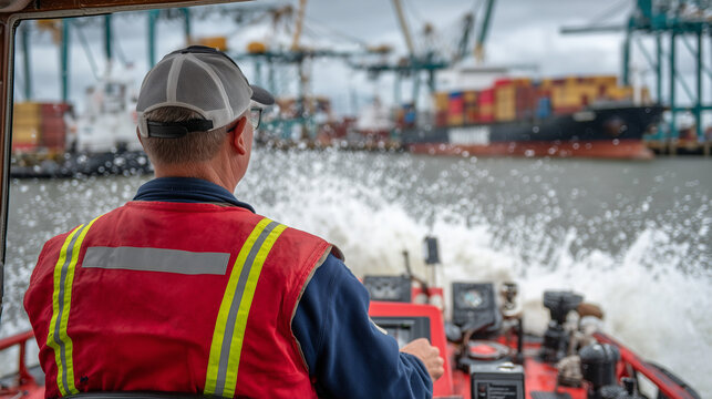 Rear view of a pilot on a red tugboat steering through a crowded industrial port, cargo ships and gantry cranes towering in the background under a gray, overcast sky.