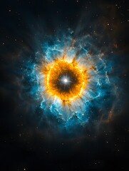 A captivating view of a nebula with a bright star at its center surrounded by colorful cosmic clouds