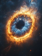 A cosmic eye nebula with orange and blue hues surrounded by stars in the dark expanse of space