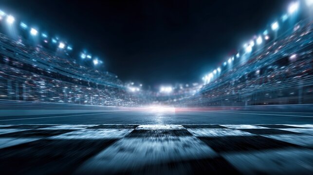 Dynamic motion blur captures the excitement of a night race at a stadium with an excited crowd
