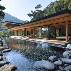 Minimalist Japanese onsen pool natural hot spring wooden architecture peaceful zen garden surroundings