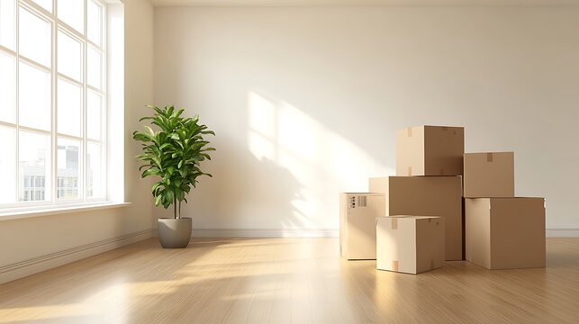 Moving boxes in bright empty room home apartment relocation cardboard storage container plant interior design