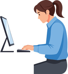 Woman focused on computer work, seated at desk, typing diligently.