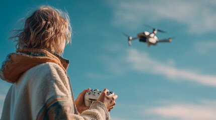 Obraz premium Focused Senior Woman Holding Drone Controller While Watching Drone Hover Over Blue Sky