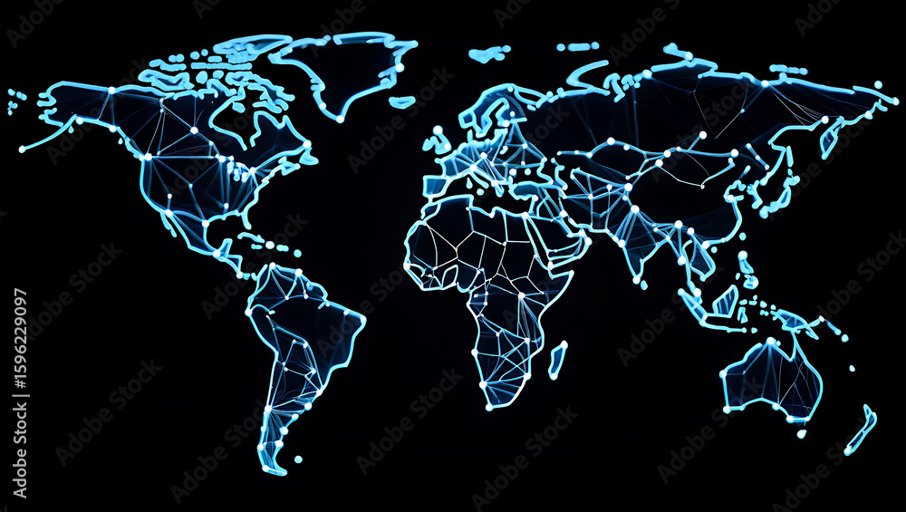 Poster digital world map connected with glowing lines and nodes on a dark background