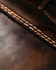 Close-Up of Artisan Stitching on Rich Brown Leather Material, showcasing intricate stitching details. Perfect for highlighting craftsmanship and texture in designs.