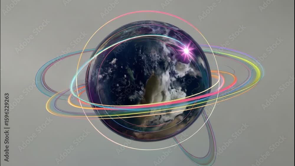Poster a visually stunning 3d globe is surrounded by colorful orbiting rings, creating a sense of dynamic m