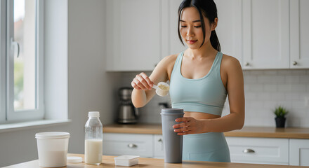 Asian woman in sportswear adding protein powder to a shaker in a bright kitchen environment at home