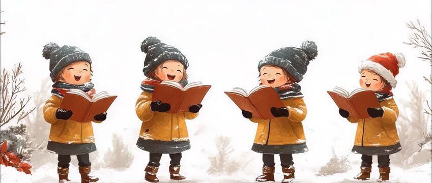 A delightful scene of joyful children singing carols in a snowy landscape, radiating happiness and warmth during the festive season of winter holidays.