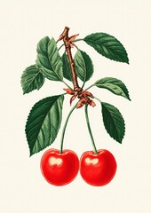 Vintage Botanical Illustration of Ripe Red Cherries on Branch with Leaves