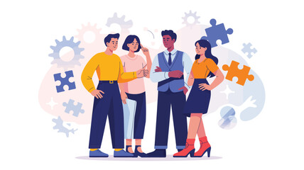 Stylized 3D illustration of diverse professionals interacting in front of gear and puzzle icons, representing teamwork, planning, and collaboration
