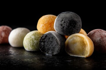 Fototapeta premium Mochi, a traditional Japanese sweet treat, displayed against a dark backdrop.