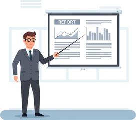 Fototapeta premium Man in suit presenting business report with graphs and data on a projector screen, using a pointer.