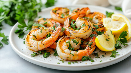 Fresh grilled shrimp dish garnished with herbs and lemon slices, perfect for seafood lovers