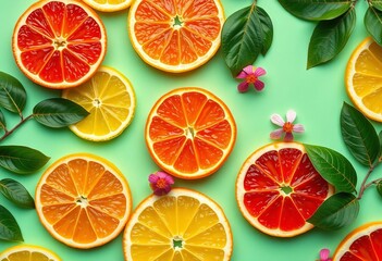 Vibrant citrus slices, leaves & blossoms arranged on bright background, aesthetic, nature