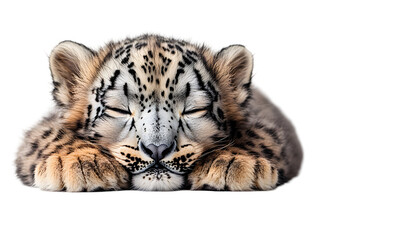 Obraz premium A close-up of a sleeping snow leopard cub with its eyes closed, resting its head on its paws against a white background.
