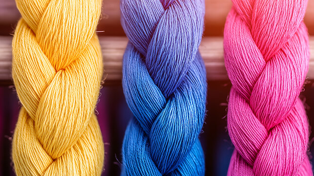 Braided strands of bright yellow, blue, and pink yarn create a colorful and tactile texture perfect for crafting and textile design. The close-up showcases detail.