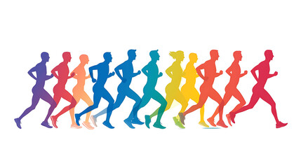 Colorful silhouettes of runners in motion symbolize fitness, competition, and the energy of a marathon, race, or active lifestyle on a white backdrop.