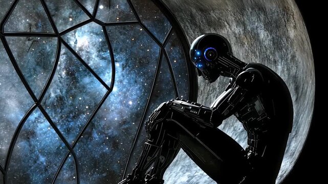 Melancholy robotic figure by a window to the cosmos
