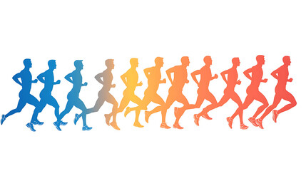 Sequence of runners illustrated with a colorful gradient. Multiple silhouettes depict consistent motion, ideal for fitness and endurance.
