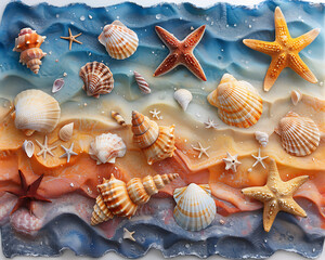 Seashells and starfish are arranged on a blue and orange textured background for summer marketing.