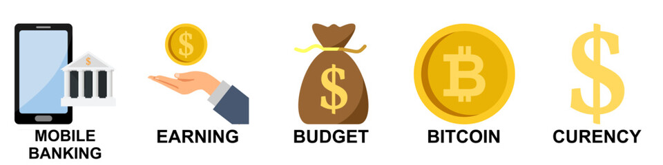Obraz premium Set of business icons vector including mobile banking, earning, budget, bitcoin, and currency. Ideal for finance, fintech, crypto apps, savings tools, and digital economy illustrations.
