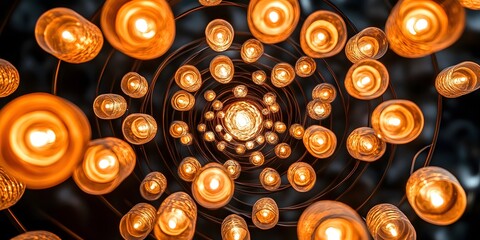 A spiral arrangement of illuminated orange lights on dark wires creating a tunnel effect view